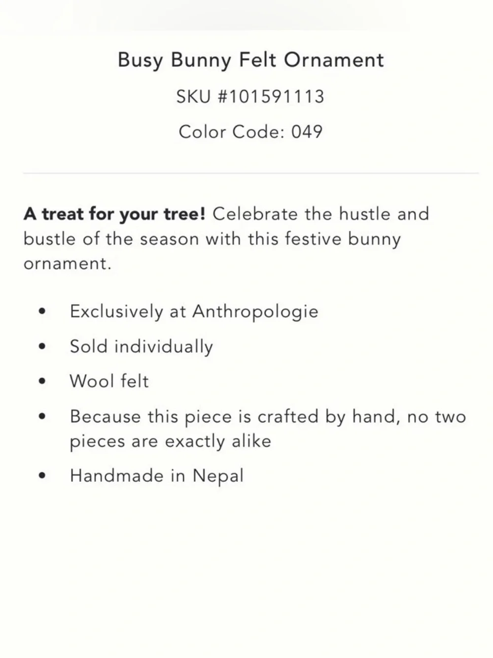 NWT Anthropologie Busy Bunny shopping rabbit felt ornament 2025